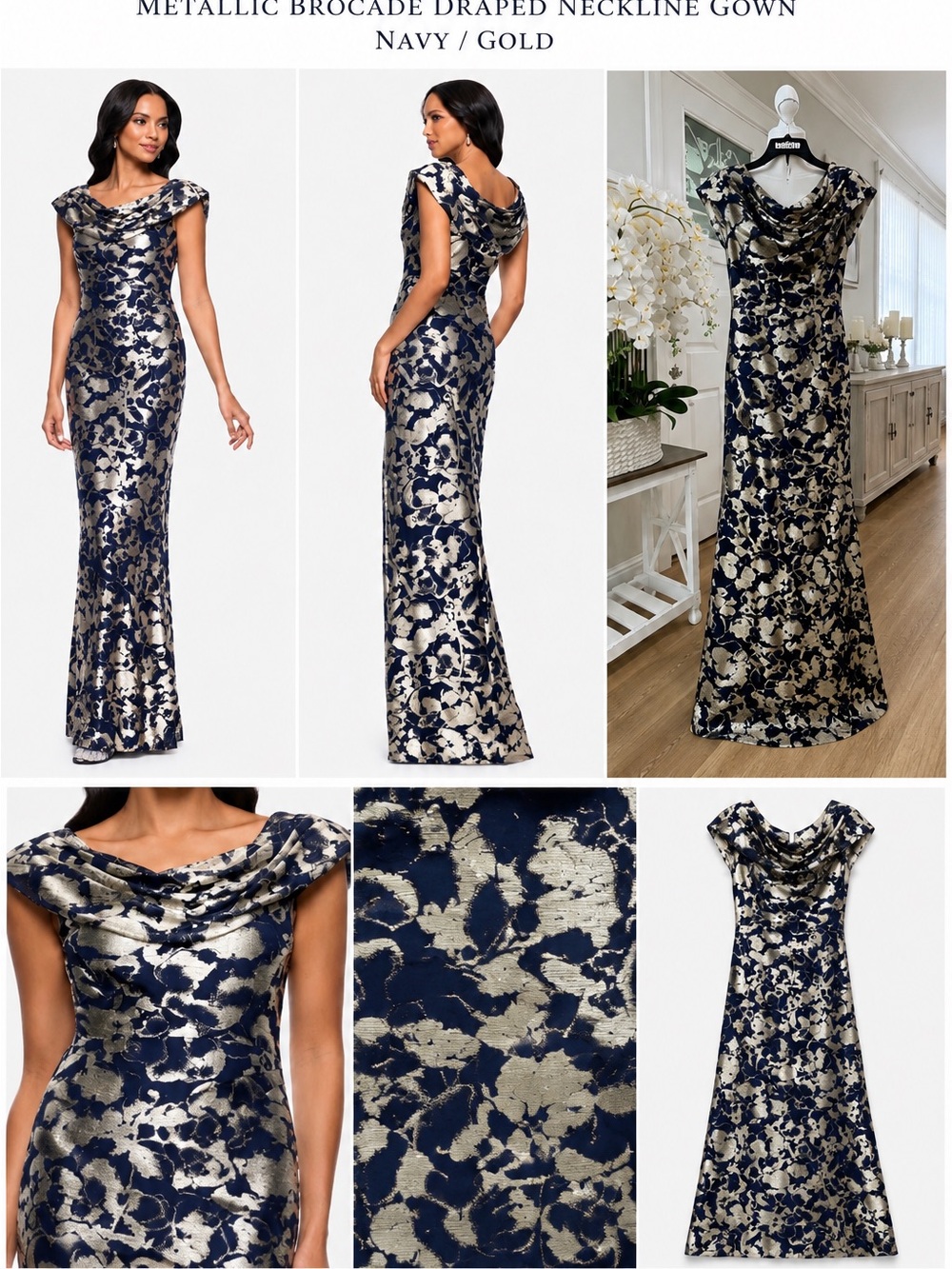 Betsy Adam Women's Cap Sleeve Metallic Brocade Draped Neckline Navy/Gold New$279